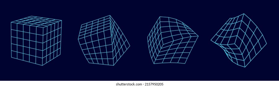 Set of distorted wireframe cubes from different sides. Vector abstract geometric 3D objects. Technology block chain network connection. Big data visualization.