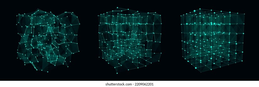 Set of distorted wireframe cubes from different sides. Vector abstract geometric 3D objects. Technology block chain network connection. Big data visualization.