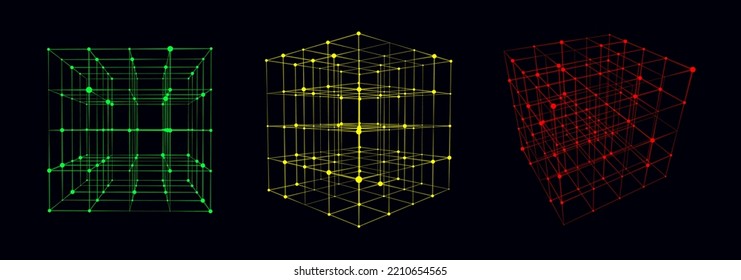 Set of distorted wireframe cubes from different sides. Vector abstract geometric 3D objects. Technology block chain network connection. Big data visualization.