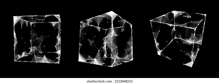 Set of distorted wireframe cubes from different sides. Vector abstract geometric 3D objects. Technology block chain network connection. Big data visualization.