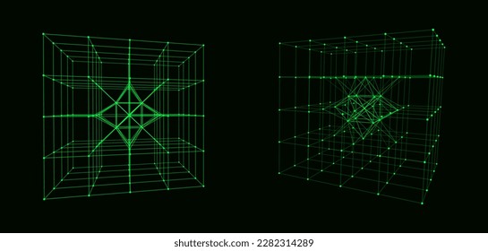 Set of distorted wireframe cubes from different sides. Vector abstract geometric 3D objects. Technology block chain network connection. Big data visualization.