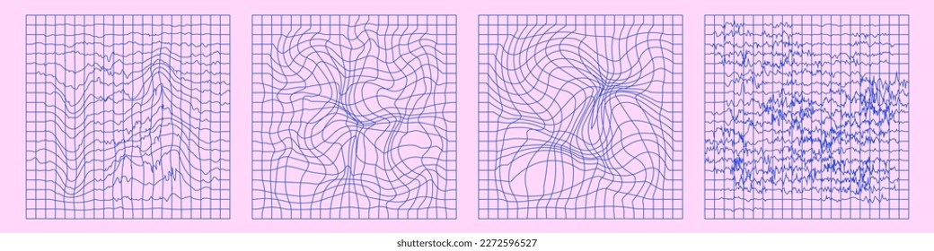A set of distorted Y2K grids. Pink checkered background with deformation, style 00s. Editable stroke