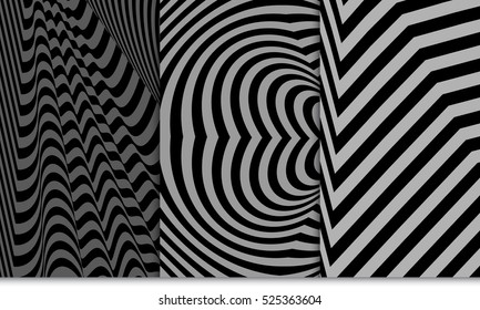 Set of distortion line pattern. Optical illusion Vector illustration. Grey color. For wallpaper, interior design