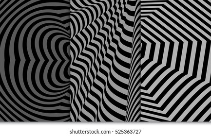 Set of distortion line pattern. Optical illusion Vector illustration. Grey color. For wallpaper, interior design