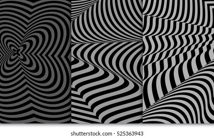 Set of distortion line pattern. Optical illusion Vector illustration. Grey color. For wallpaper, interior design