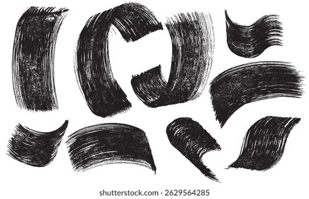 Set of distress damages abstract. Art grainy rough bold brush strokes with hand drawn pattern. Black texture overlay. Retro grunge vector for posters, background. Design, bold waves, curves.