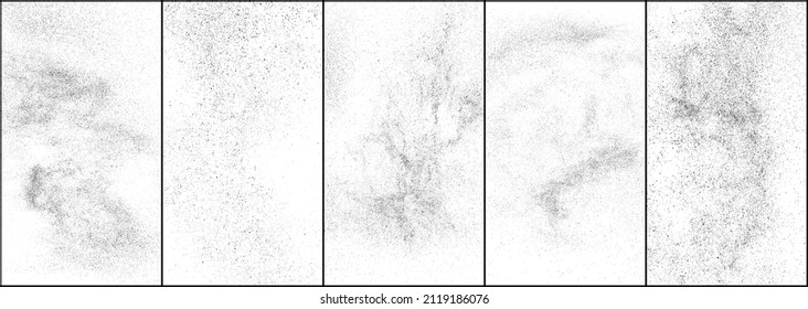 Set of distressed black overlay texture. Dark grainy texture on white background. Dust overlay textured. Grain noise particles. Rusted white effect. Halftone vector illustration, Eps 10.