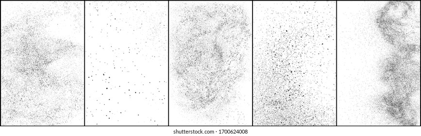 Set of distressed black texture. Dark grainy texture on white background. Dust overlay textured. Grain noise particles. Rusted white effect. Grunge design elements. Vector illustration, EPS 10.