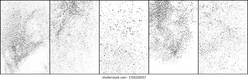 Conjunto de textura negra angustiada. Textura granulada oscura sobre fondo blanco. Sobrecarga de polvo texturado. Partículas de ruido de grano. Efecto blanco desechado. Elementos de diseño gruesos. Ilustración del vector, EPS 10.