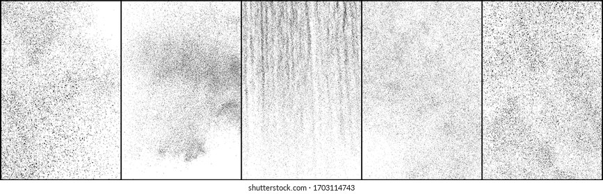 Conjunto de textura negra angustiada. Textura granulada oscura sobre fondo blanco. Sobrecarga de polvo texturado. Partículas de ruido de grano. Efecto blanco desechado. Elementos de diseño gruesos. Ilustración del vector, EPS 10.