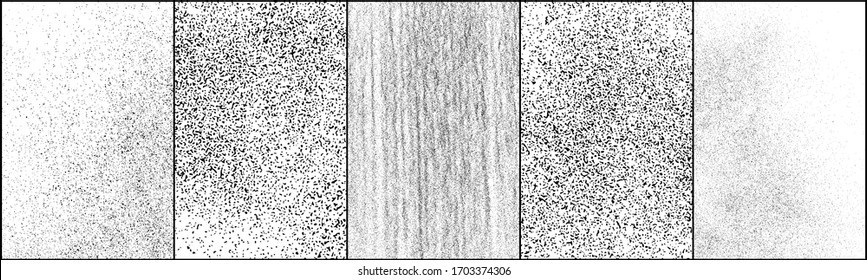 Conjunto de textura negra angustiada. Textura granulada oscura sobre fondo blanco. Sobrecarga de polvo texturado. Partículas de ruido de grano. Efecto blanco desechado. Elementos de diseño gruesos. Ilustración del vector, EPS 10.