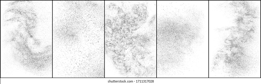Set von bedrückter schwarzer Textur. Dunkelgraue Textur auf weißem Hintergrund. Staubüberlagerungen strukturiert. Kornrauschpartikel. Weißer Effekt geröstet. Halftone Vektorillustration Illustration, Eps10.