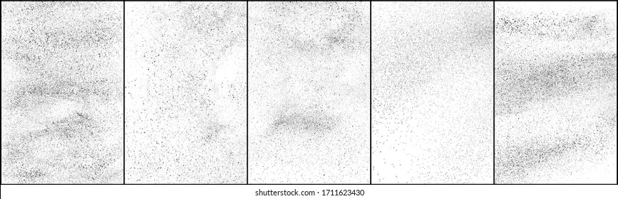 Conjunto de textura negra angustiada. Textura granulada oscura sobre fondo blanco. Sobrecarga de polvo texturado. Partículas de ruido de grano. Efecto blanco desechado. Ilustración vectorial de medio tono, Eps 10.