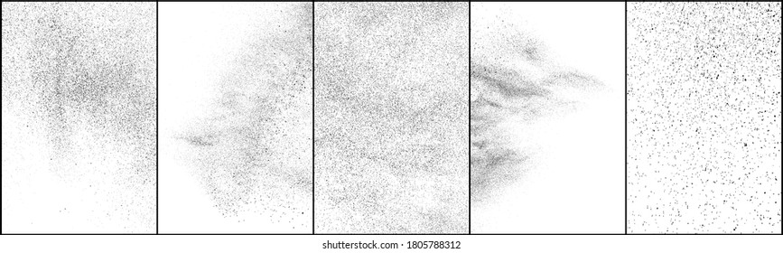 Conjunto de textura negra angustiada. Textura granulada oscura sobre fondo blanco. El polvo sobrante texturado. Partículas de ruido de grano. Efecto blanco roto. Ilustración vectorial de semitono, Eps 10.