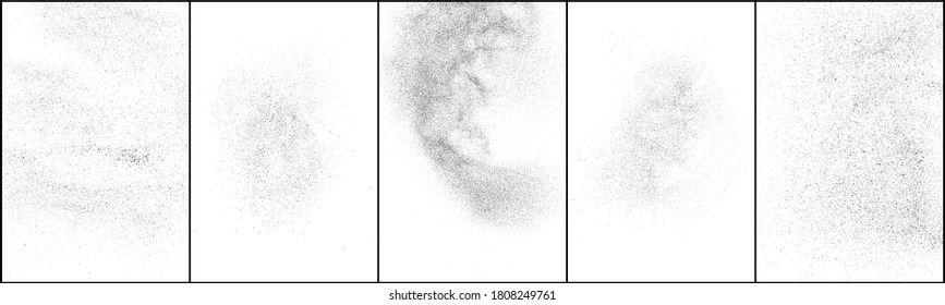 Set von bedrückter schwarzer Textur. Dunkelgraue Textur auf weißem Hintergrund. Staubüberlagerungen strukturiert. Kornrauschpartikel. Weißer Effekt geröstet. Halftone Vektorgrafik, Eps10.