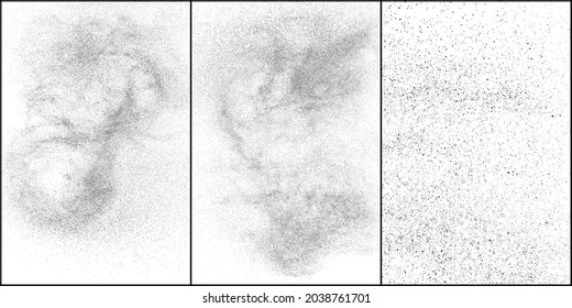 Set of distressed black texture. Dark grainy texture on white background. Dust overlay textured. Grain noise particles. Rusted white effect. Halftone vector illustration, Eps 10.