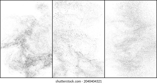 Set of distressed black texture. Dark grainy texture on white background. Dust overlay textured. Grain noise particles. Rusted white effect. Halftone vector illustration, Eps 10.