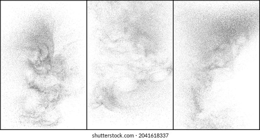 Set von bedrückter schwarzer Textur. Dunkelgraue Textur auf weißem Hintergrund. Staubüberlagerungen strukturiert. Kornrauschpartikel. Weißer Effekt geröstet. Halftone Vektorgrafik, Eps10.