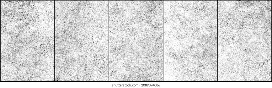 Conjunto de textura negra angustiada. Textura granulada oscura sobre fondo blanco. El polvo sobrante texturado. Partículas de ruido de grano. Efecto blanco roto. Ilustración vectorial de semitono, Eps 10.