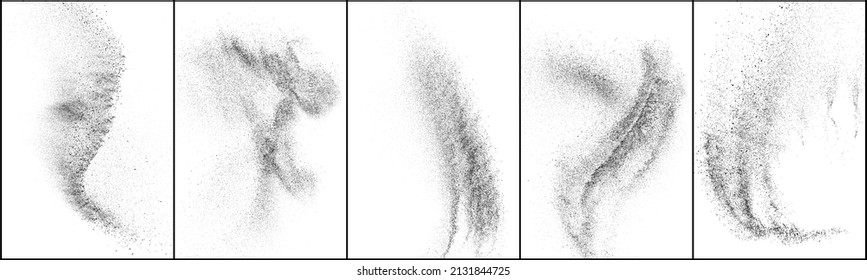 Set von bedrückter schwarzer Textur. Dunkelgraue Textur auf weißem Hintergrund. Staubüberlagerungen strukturiert. Kornrauschpartikel. Weißer Effekt geröstet. Halftone Vektorgrafik, Eps10.