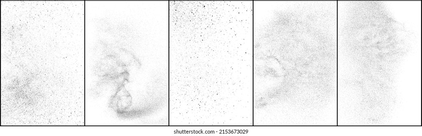 Conjunto de textura negra angustiada. Textura granulada oscura sobre fondo blanco. El polvo sobrante texturado. Partículas de ruido de grano. Efecto blanco roto. Ilustración vectorial de semitono, Eps 10.