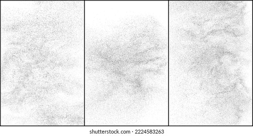 Conjunto de textura negra angustiada. Textura granulada oscura sobre fondo blanco. El polvo sobrante texturado. Partículas de ruido de grano. Efecto blanco roto. Ilustración vectorial de semitono, Eps 10.