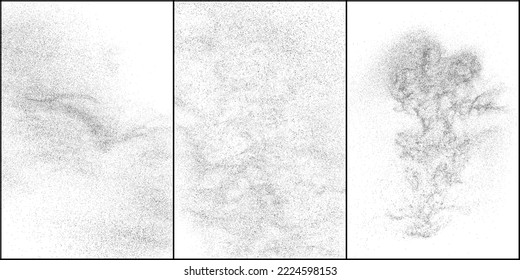 Conjunto de textura negra angustiada. Textura granulada oscura sobre fondo blanco. El polvo sobrante texturado. Partículas de ruido de grano. Efecto blanco roto. Ilustración vectorial de semitono, Eps 10.