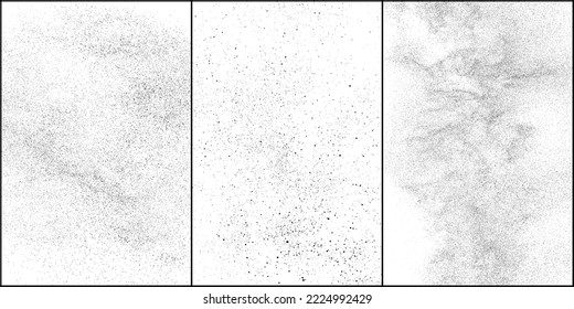 Conjunto de textura negra angustiada. Textura granulada oscura sobre fondo blanco. El polvo sobrante texturado. Partículas de ruido de grano. Efecto blanco roto. Ilustración vectorial de semitono, Eps 10.