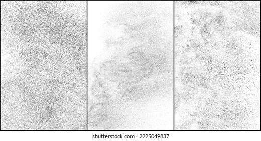 Conjunto de textura negra angustiada. Textura granulada oscura sobre fondo blanco. El polvo sobrante texturado. Partículas de ruido de grano. Efecto blanco roto. Ilustración vectorial de semitono, Eps 10.
