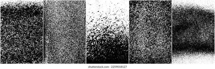 Set of distressed black texture. Dark grainy texture on white background. Dust overlay textured. Grain noise particles. Rusted white effect. Grunge design elements. Vector illustration, EPS 10.
