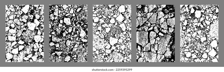 Conjunto de textura negra angustiada. Textura granulada oscura sobre fondo blanco. El polvo sobrante texturado. Partículas de ruido de grano. Efecto de pared. Elementos de diseño gruesos. Ilustración del vector, EPS 10.
