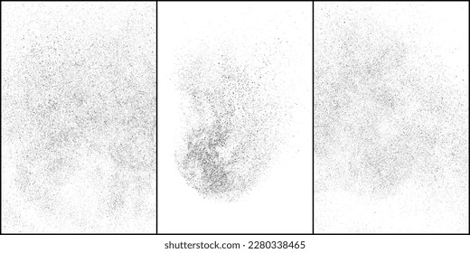 Set von bedrückter schwarzer Textur. Dunkelgraue Textur auf weißem Hintergrund. Staubüberlagerungen strukturiert. Kornrauschpartikel. Weißer Effekt geröstet. Vektorgrafik, Eps10.