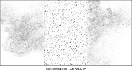 Conjunto de textura negra angustiada. Textura granulada oscura sobre fondo blanco. El polvo sobrante texturado. Partículas de ruido de grano. Efecto blanco roto. Ilustración vectorial, Eps 10.