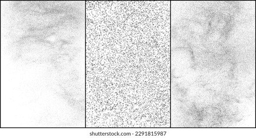 Conjunto de textura negra angustiada. Textura granulada oscura sobre fondo blanco. El polvo sobrante texturado. Partículas de ruido de grano. Efecto blanco roto. Ilustración vectorial, Eps 10.