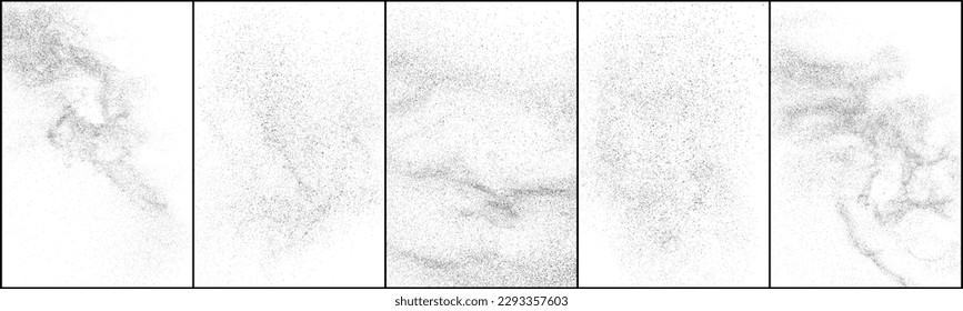 Conjunto de textura negra angustiada. Textura granulada oscura sobre fondo blanco. El polvo sobrante texturado. Partículas de ruido de grano. Efecto blanco roto. Ilustración vectorial, Eps 10.