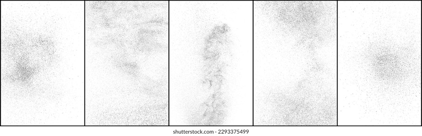 Conjunto de textura negra angustiada. Textura granulada oscura sobre fondo blanco. El polvo sobrante texturado. Partículas de ruido de grano. Efecto blanco roto. Ilustración vectorial, Eps 10.