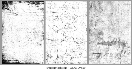 Conjunto de textura negra angustiada. Textura granulada oscura sobre fondo blanco. El polvo sobrante texturado. Partículas de ruido de grano. Efecto blanco roto. Elementos de diseño gruesos. Ilustración del vector, EPS 10.