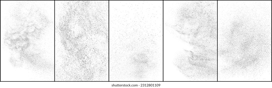 Conjunto de textura negra angustiada. Textura granulada oscura sobre fondo blanco. El polvo sobrante texturado. Partículas de ruido de grano. Efecto blanco roto. Ilustración vectorial, Eps 10.