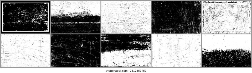 Conjunto de textura negra angustiada. Textura granulada oscura sobre fondo blanco. El polvo sobrante texturado. Partículas de ruido de grano. Efecto blanco roto. Elementos de diseño gruesos. Ilustración del vector, EPS 10.