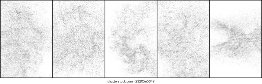 Conjunto de textura negra angustiada. Textura granulada oscura sobre fondo blanco. El polvo sobrante texturado. Partículas de ruido de grano. Efecto blanco roto. Ilustración vectorial, Eps 10.