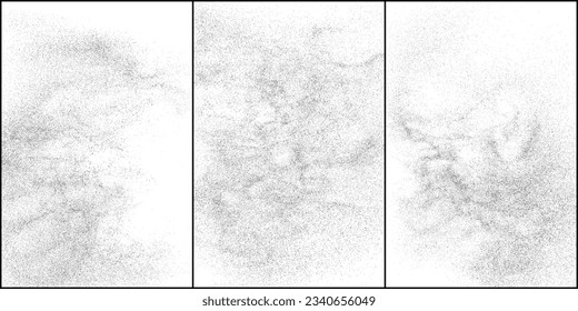 Conjunto de textura negra angustiada. Textura granulada oscura sobre fondo blanco. El polvo sobrante texturado. Partículas de ruido de grano. Efecto blanco roto. Ilustración vectorial, Eps 10.