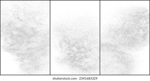 Conjunto de textura negra angustiada. Textura granulada oscura sobre fondo blanco. El polvo sobrante texturado. Partículas de ruido de grano. Efecto blanco roto. Ilustración vectorial, Eps 10.