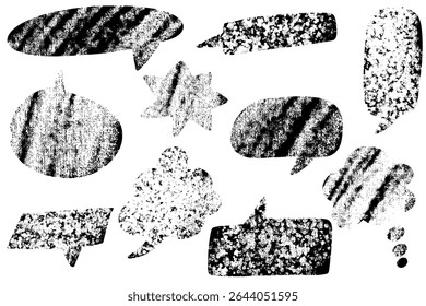 A set of distressed black and white speech and thought bubbles with grunge textures.  Ideal for retro posters, pop art designs, street art elements or expressive typography layouts.