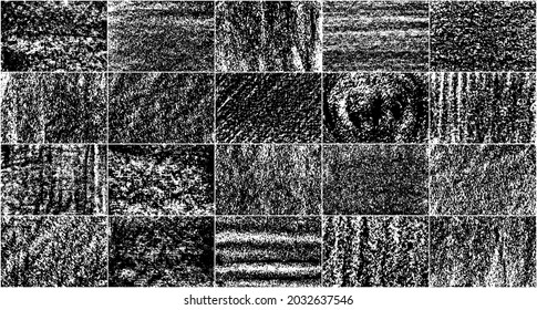 Conjunto de texturas en blanco y negro angustiadas. Grano oscuro. Fondo monocromo. El polvo sobrante texturado. Partículas de ruido de grano. Efecto Rusto. Elementos de diseño gruesos. Ilustración del vector, EPS 10.