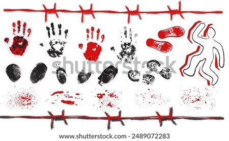 set of Distressed elements of criminal foot prints, shoes, fingers, hands. tracing a person on the floor with chalk. barbed wire fence drops of blood
