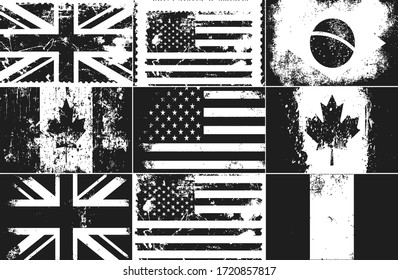 Set of distressed grunge flags of United Kingdom, USA, Canada, Germany, Brazil. EPS8 vector illustration.