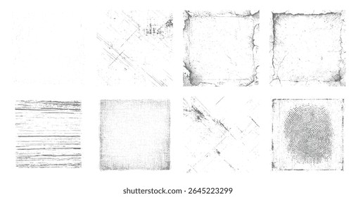 Set of distressed grunge texture frames for creative backgrounds. Vintage square borders with scratches, rough edges, and abstract overlay effects.
