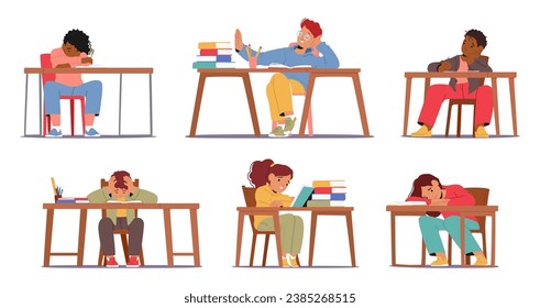 Set of Distressed Kids, Hunched Over Homework, Battle With Stress. Little Tired Boys and Girls Sitting at Desks Trying to Study with Tears, Frustration, And Heavy Hearts. Cartoon Vector Illustration