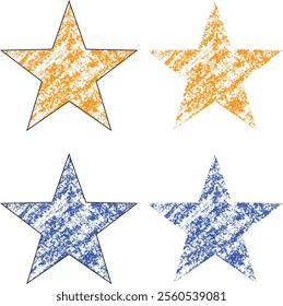 "Set of distressed orange and blue grunge stars with a textured design, perfect for artistic projects, creative logos, posters, and decorative graphic elements."