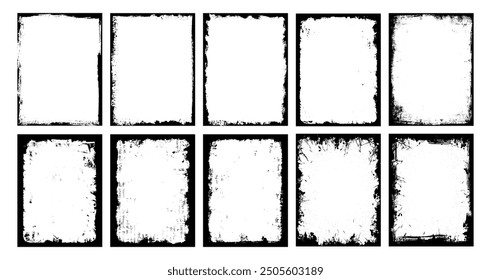 Set of distressed overlay grunge frame silhouette or background with black texture and paint brush stroke for social media banner, poster, flyer or invitation card. Vintage torn paper frame pattern.